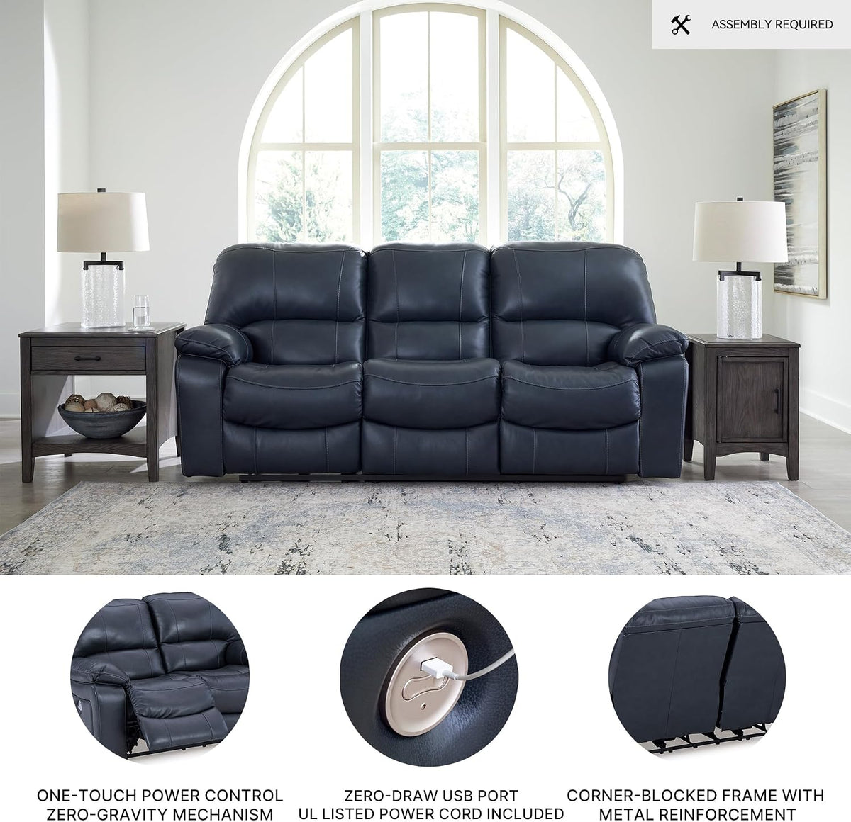 Signature Design by Ashley 3-Seat Zero Wall Power Reclining Sofa, Blue | Breathable top-grain leather, 4.5-inch wall hugger design, Integrated zero-draw USB port, Power headrest, Leesworth Series