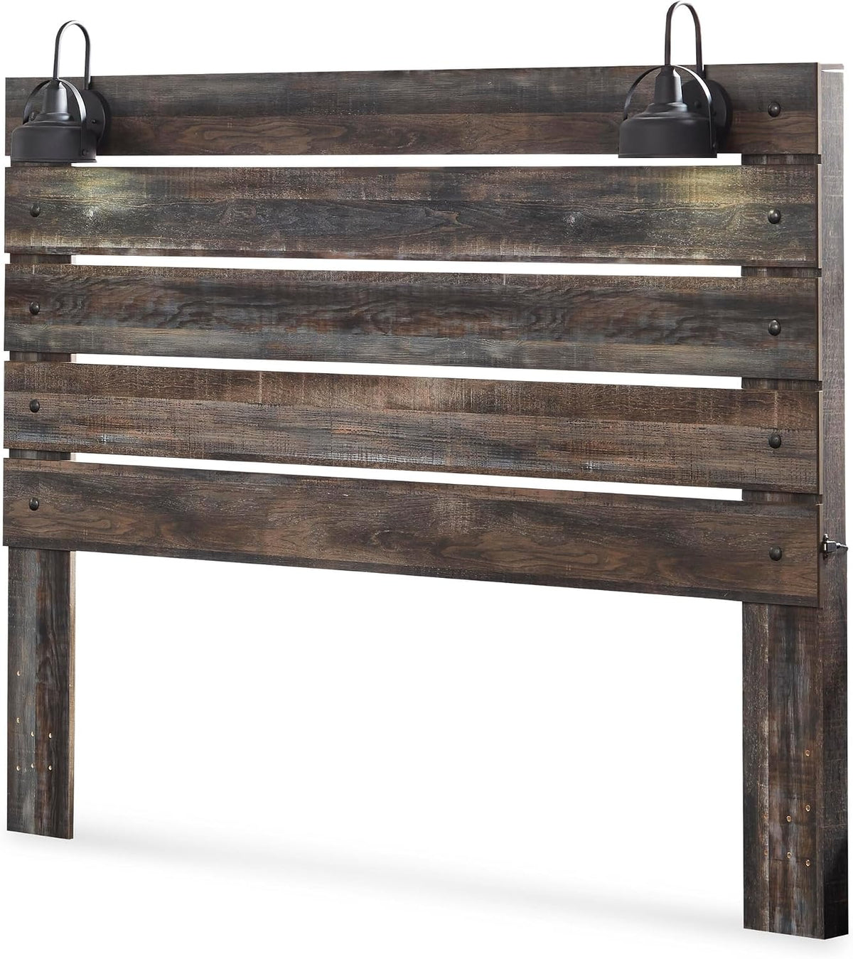 Signature Design by Ashley Drystan King Panel Headboard, Brown | Engineered wood laminate, Built-in LED sconces, Dual USB charging ports, Rustic industrial style