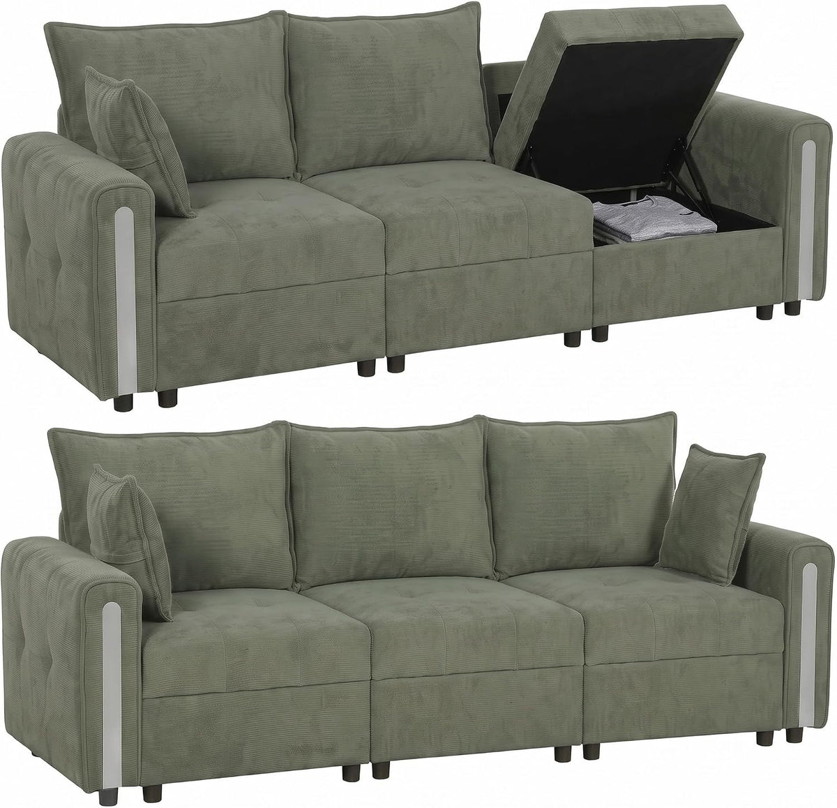 HOMCOM 3 Seater Sofa w/Lift-Up Storage 228cm Comfy Velvet Couch Dark Green