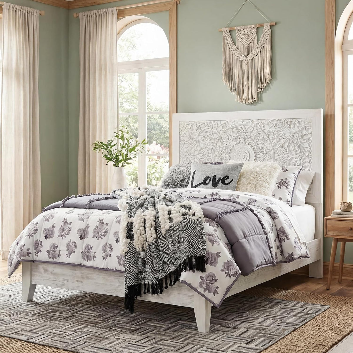 Signature Design by Ashley Panel Bed Frame, White Full Size, Paxberry | Boho carved floral medallion, Adjustable height headboard, Durable engineered wood, Standard full size mattress fit