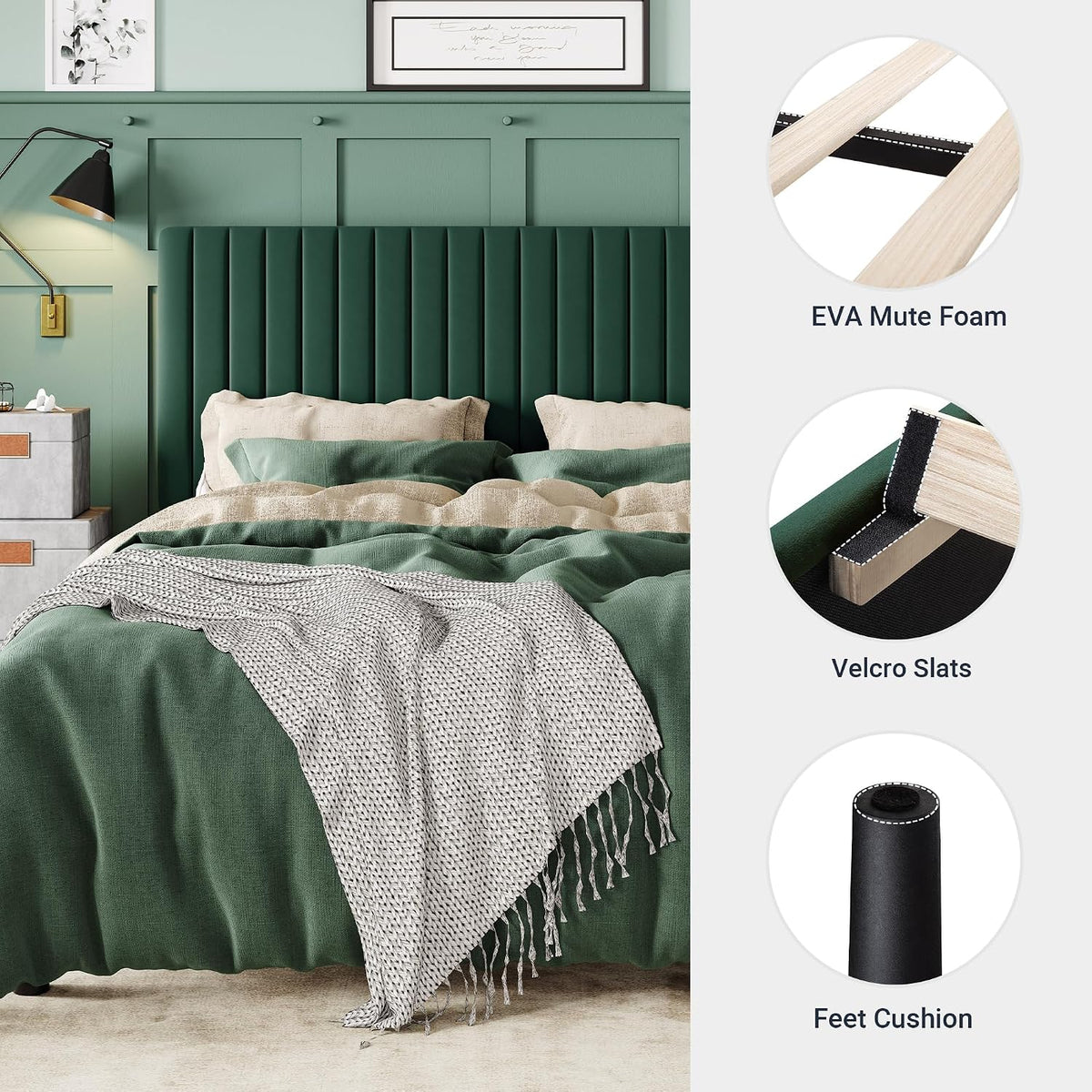 Allewie Queen Bed Frame, Velvet Upholstered Platform Bed with Adjustable Vertical Channel Tufted Headboard, Mattress Foundation with Strong Wooden Slats, Box Spring Optional, Easy Assembly, Green