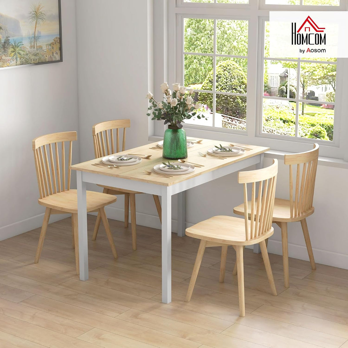 HOMCOM Dining Table for 4 Solid Wood Farmhouse Natural 120 x 75 x 75cm
