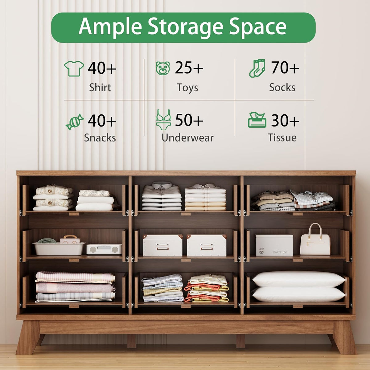 Xixini Fluted Dresser for Bedroom with 9 Drawers, 57" Wide Modern Chest of Drawers with Metal Handle, Wooden Dresser TV Stand, Wood Closet Clothes Storage Organizer for Living Room, Hallway, Walnut