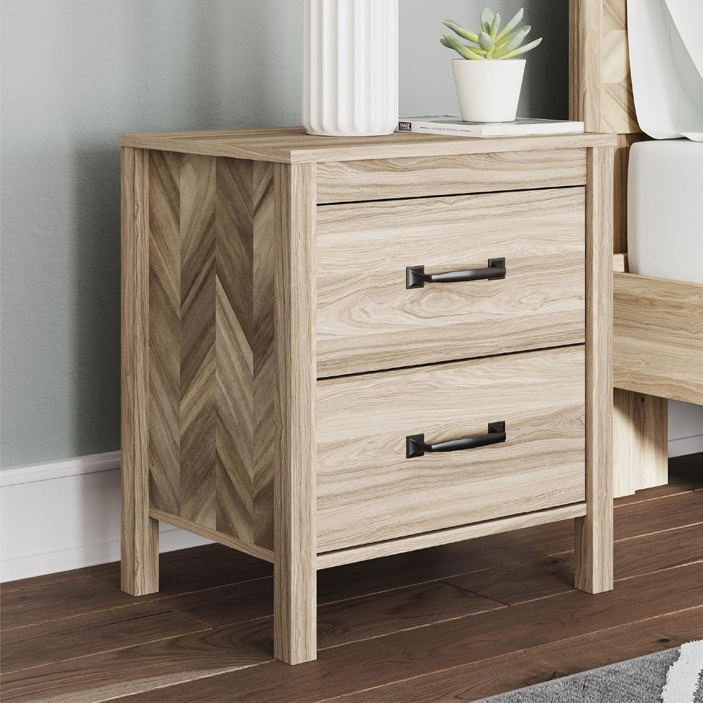 Signature Design by Ashley Battelle Nightstand, Mid Century Modern 2 Drawer Bedside Table, Engineered Wood Construction for Bedroom Storage, Light Oak Finish, 22 inches W