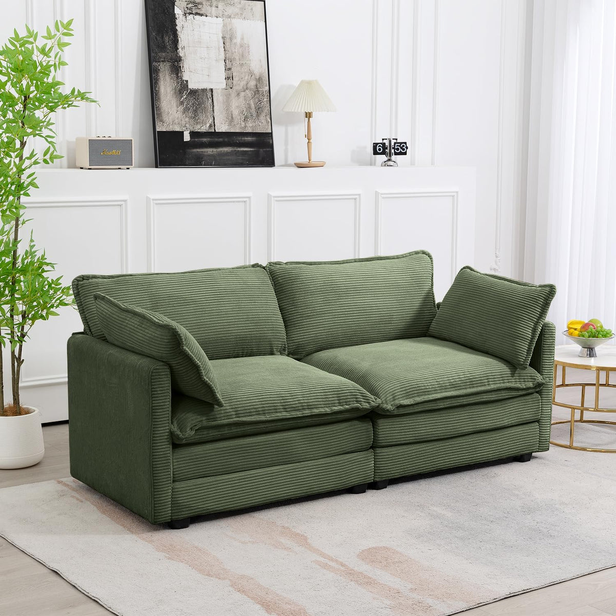 ROWHY 112'' Sectional Modular Cloud Couch, Oversized 5 Seat Couches U Shaped Sofa with 2 Movable Ottomans, 2 Throw Pillows, Upholstered Corduroy U Shape Comfy Deep Couches for Living Room, Beige