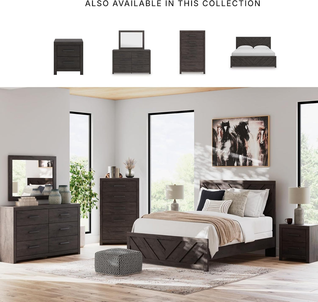 Signature Design by Ashley 2 Drawer Grey Nightstand, Charcoal, Prendonea | Engineered wood with decorative laminate, Smooth-gliding drawers, Replicated oak texture, Sturdy 41 lb solid frame