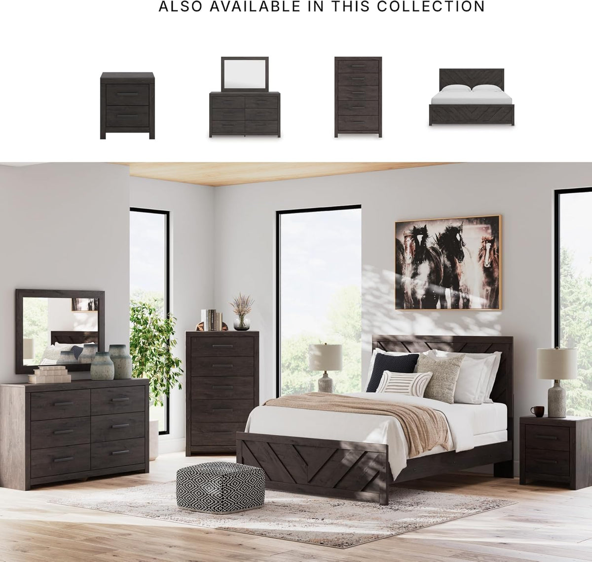 Signature Design by Ashley 2 Drawer Grey Nightstand, Charcoal, Prendonea | Engineered wood with decorative laminate, Smooth-gliding drawers, Replicated oak texture, Sturdy 41 lb solid frame