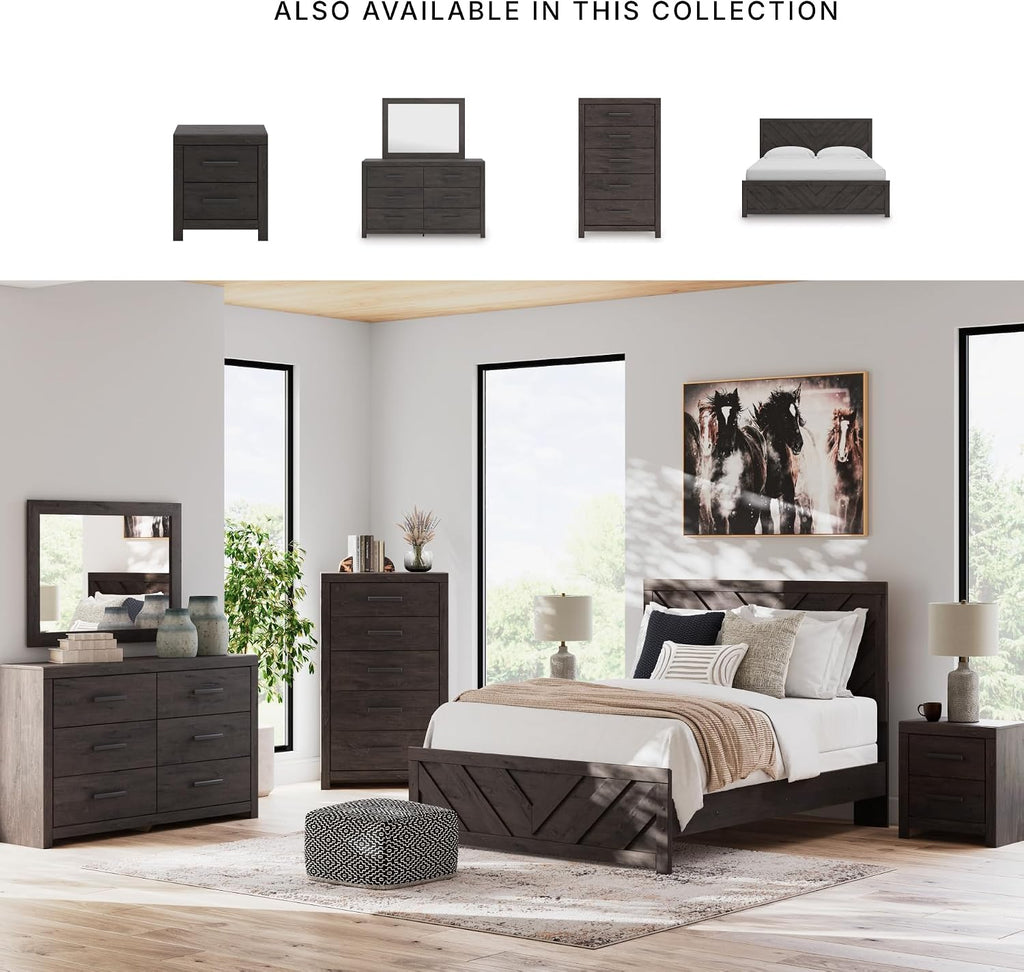 Signature Design by Ashley 2 Drawer Grey Nightstand, Charcoal, Prendonea | Engineered wood with decorative laminate, Smooth-gliding drawers, Replicated oak texture, Sturdy 41 lb solid frame