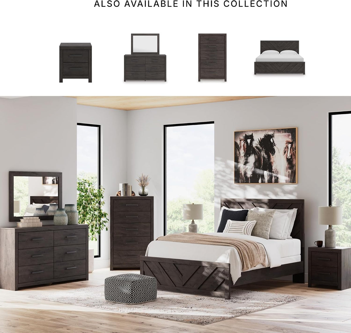 Signature Design by Ashley 2 Drawer Grey Nightstand, Charcoal, Prendonea | Engineered wood with decorative laminate, Smooth-gliding drawers, Replicated oak texture, Sturdy 41 lb solid frame