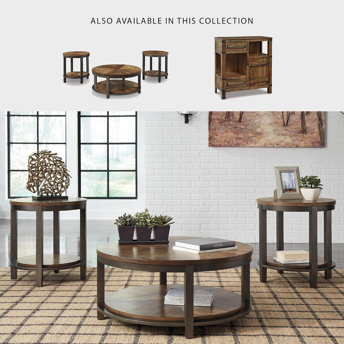 Signature Design by Ashley Roybeck 3-Piece Wood Coffee and End Table Set | Round tables with fixed lower shelves, Dark bronze-tone frame, Veneers, wood and engineered wood, Natural acacia finish