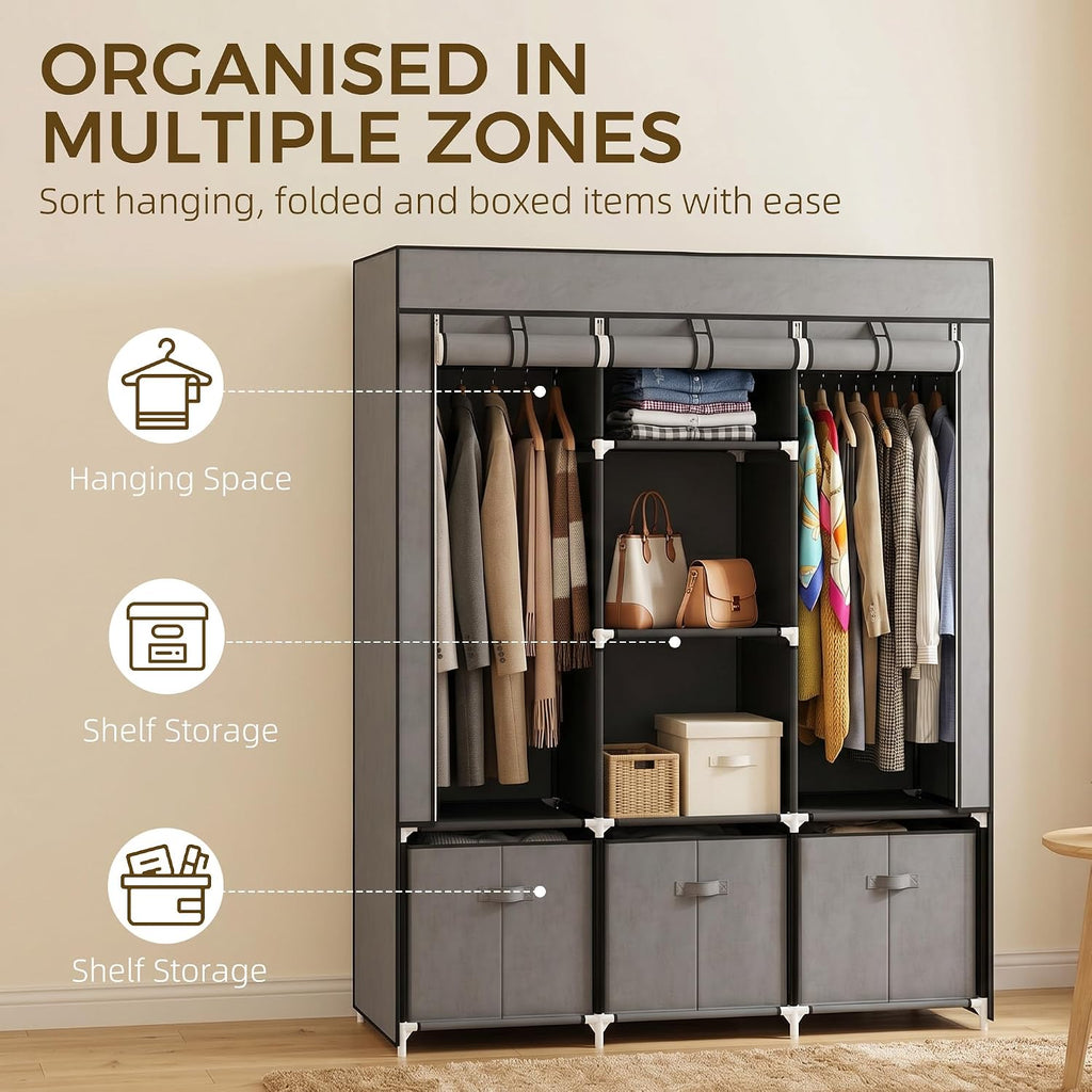 HOMCOM Fabric Wardrobe for Bedroom 5 Shelves 3 Fabric Drawers Dark Grey