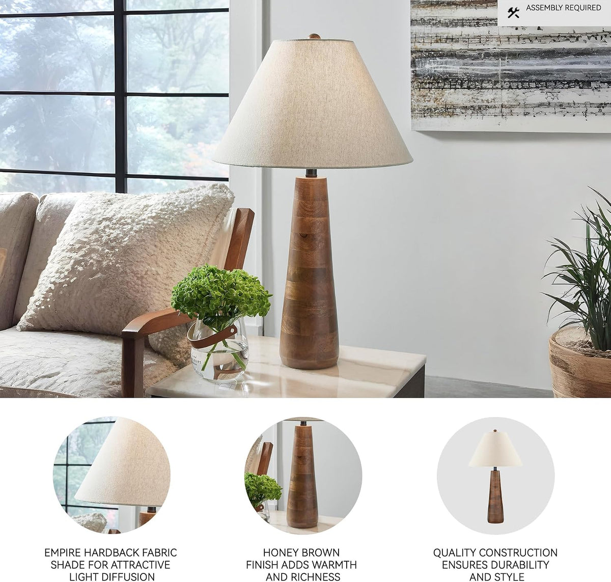 Signature Design by Ashley Danset 30" Tall Table Lamp, Honey Brown | Honey brown base crafted from wood products and other materials, Cotton empire hardback fabric shade, 3-way rotary switch