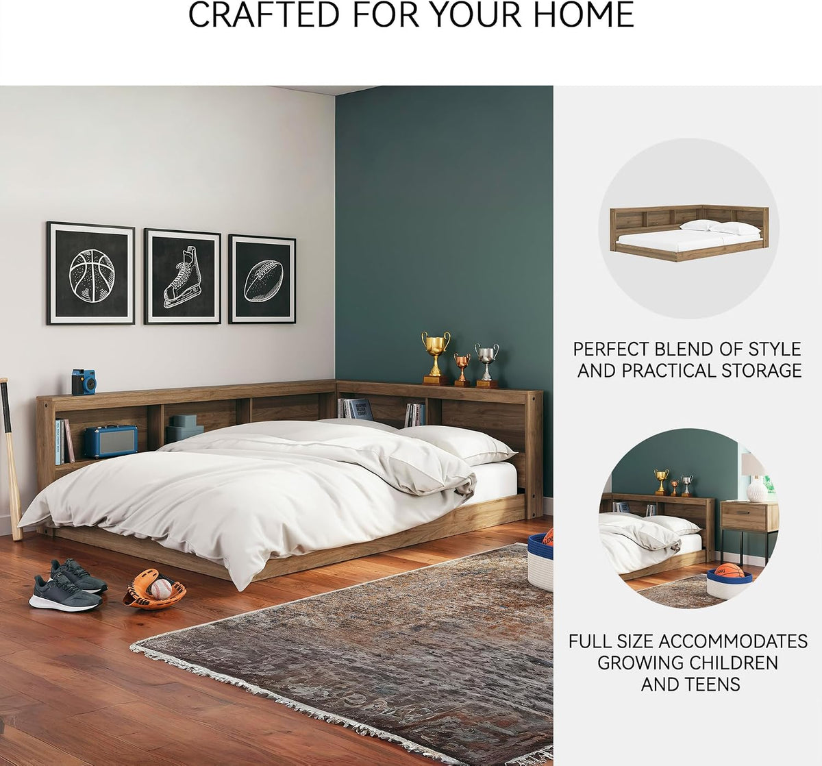Signature Design by Ashley Deanlow Full Bookcase Storage Bed, Honey | Integrated bookcase headboard, Low-profile full size bed frame, Durable honey brown laminate, Youth rooms