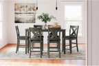Signature Design by Ashley Caitbrook Counter Height Dining Table Set for 6 | Hardwood solids, Acacia veneer and MDF substrate table, 6 upholstered space-saving stools, Antiqued gray wash finish
