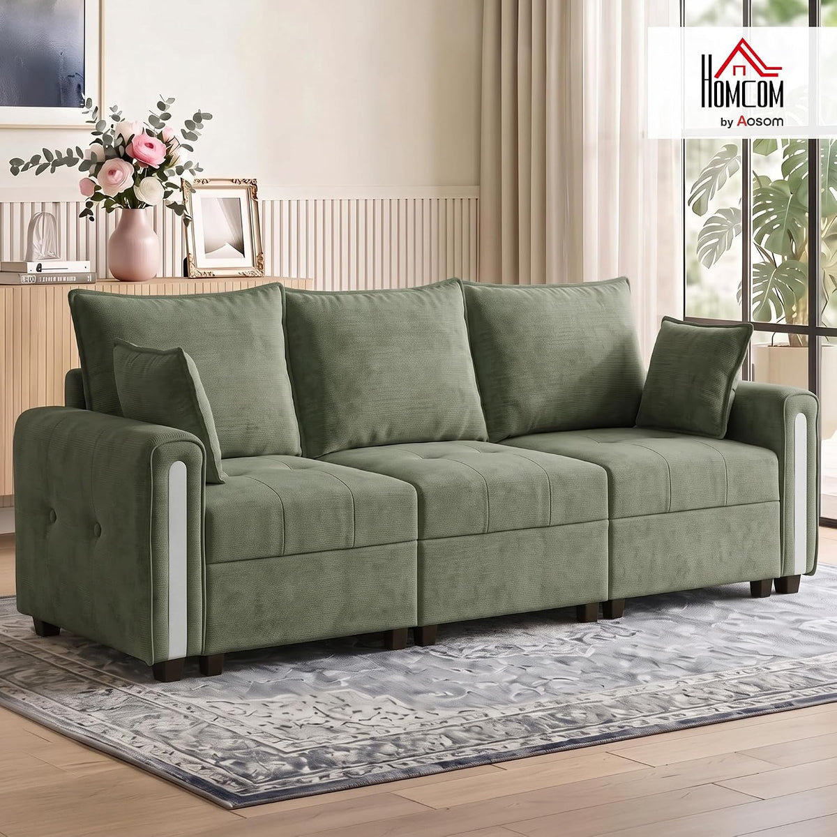 HOMCOM 3 Seater Sofa w/Lift-Up Storage 228cm Comfy Velvet Couch Dark Green