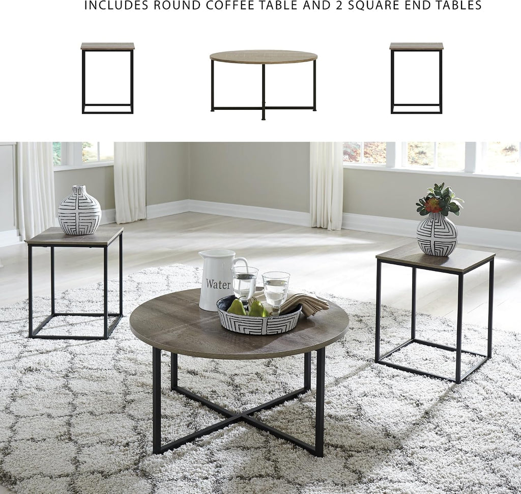 Signature Design by Ashley 3-Piece Living Room Coffee and End Table Set | Round coffee and square end tables, Laminate engineered wood, Dark metallic frames, Contemporary style, Wadeworth Series