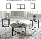 Signature Design by Ashley 3-Piece Living Room Coffee and End Table Set | Round coffee and square end tables, Laminate engineered wood, Dark metallic frames, Contemporary style, Wadeworth Series