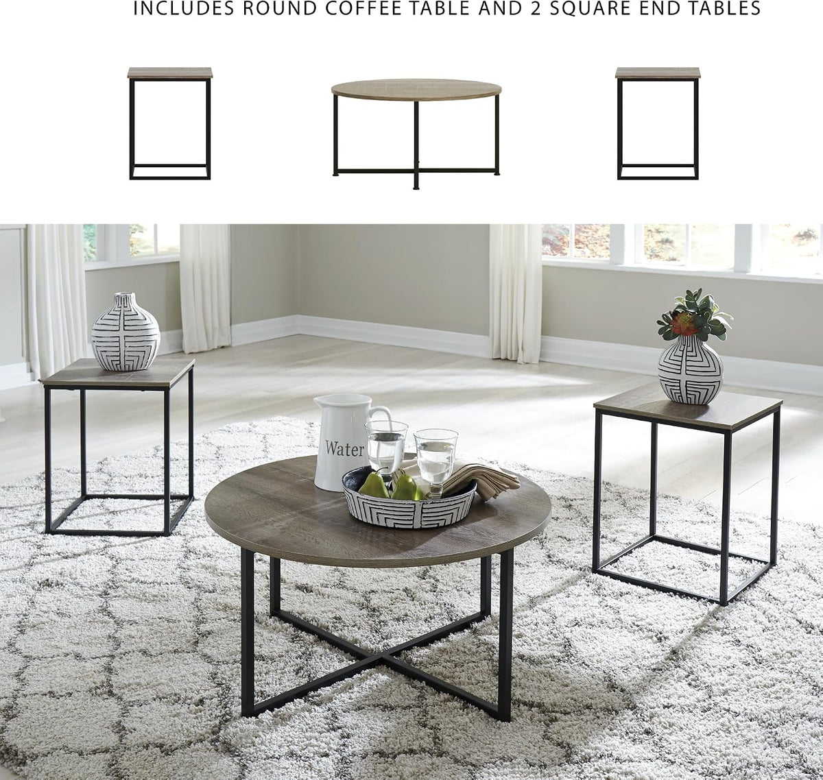 Signature Design by Ashley 3-Piece Living Room Coffee and End Table Set | Round coffee and square end tables, Laminate engineered wood, Dark metallic frames, Contemporary style, Wadeworth Series