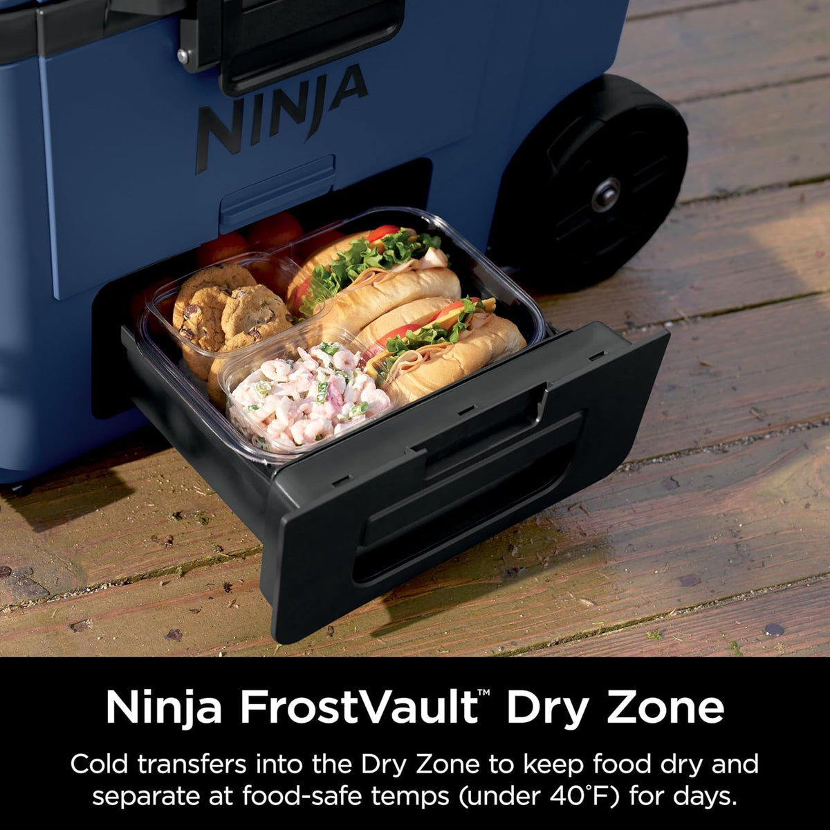 Ninja FrostVault™ 45qt Cooler with Wheels, Dry Storage, Lakeshore Blue | Ninja FrostVault's 45-qt capacity holds 68 cans, keeps food cool & dry, and rolls easily on all-terrain wheels