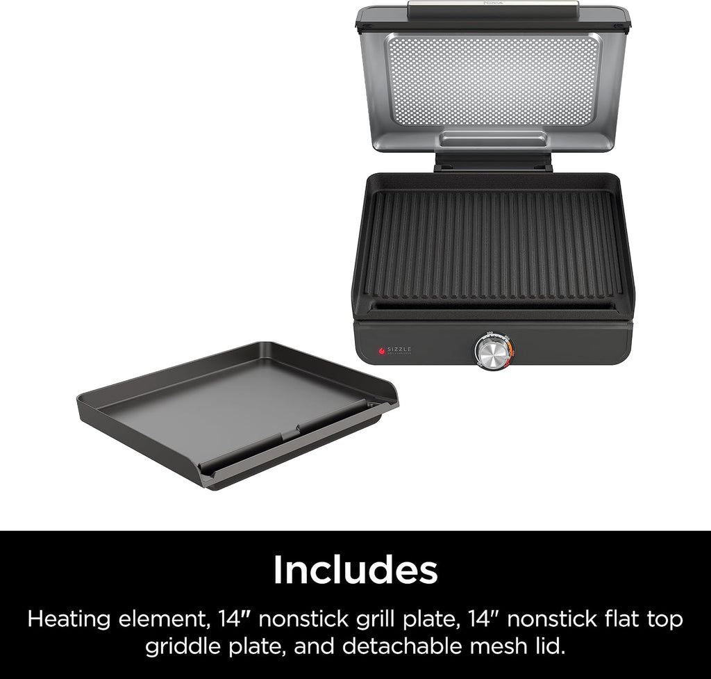 Ninja® Sizzle™ Indoor Grill & Griddle, 14'', 500°F, Grey/Silver, GR101 | Interchangeable nonstick grill & griddle plate, dishwasher-safe lid, 500°F edge-to-edge heat for perfect char-grilled marks.