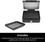 Ninja® Sizzle™ Indoor Grill & Griddle, 14'', 500°F, Grey/Silver, GR101 | Interchangeable nonstick grill & griddle plate, dishwasher-safe lid, 500°F edge-to-edge heat for perfect char-grilled marks.