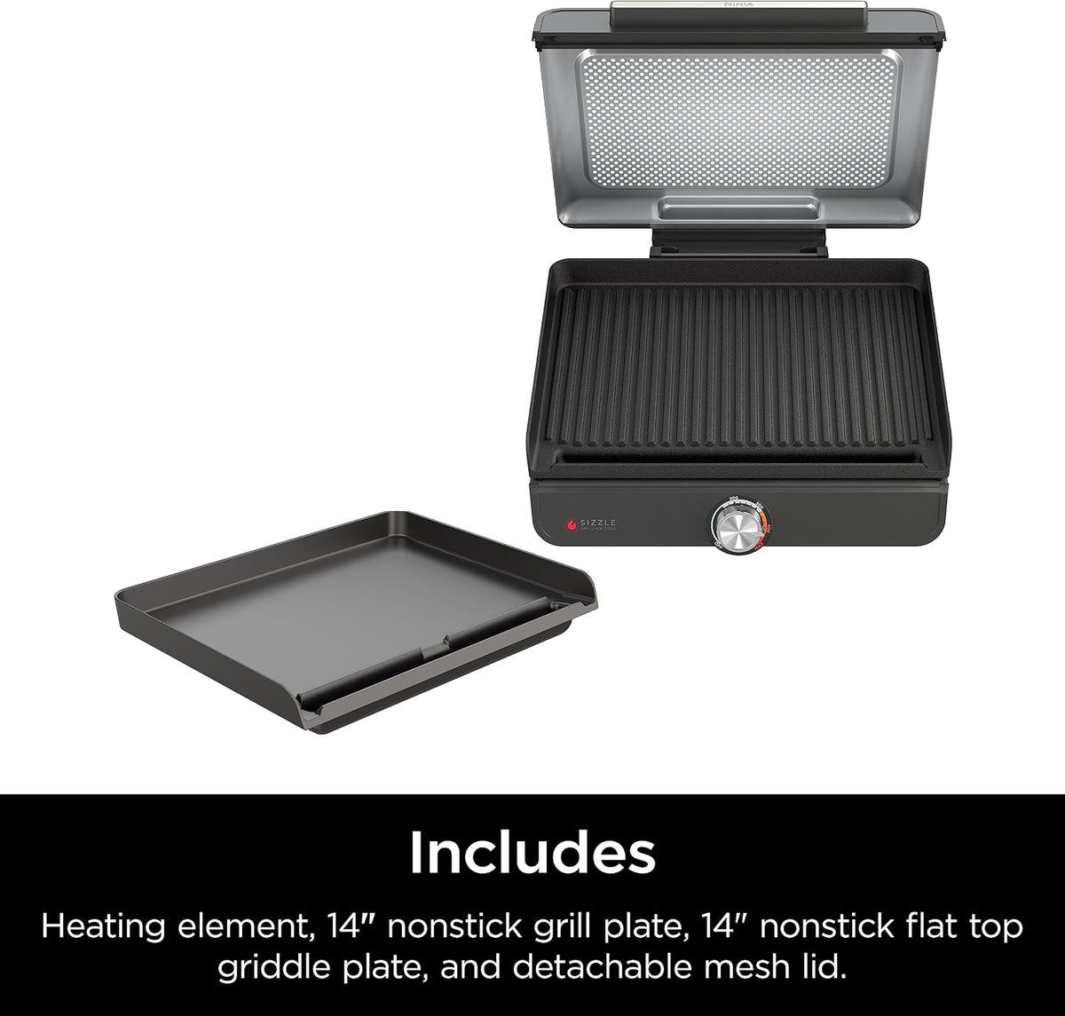 Ninja® Sizzle™ Indoor Grill & Griddle, 14'', 500°F, Grey/Silver, GR101 | Interchangeable nonstick grill & griddle plate, dishwasher-safe lid, 500°F edge-to-edge heat for perfect char-grilled marks.
