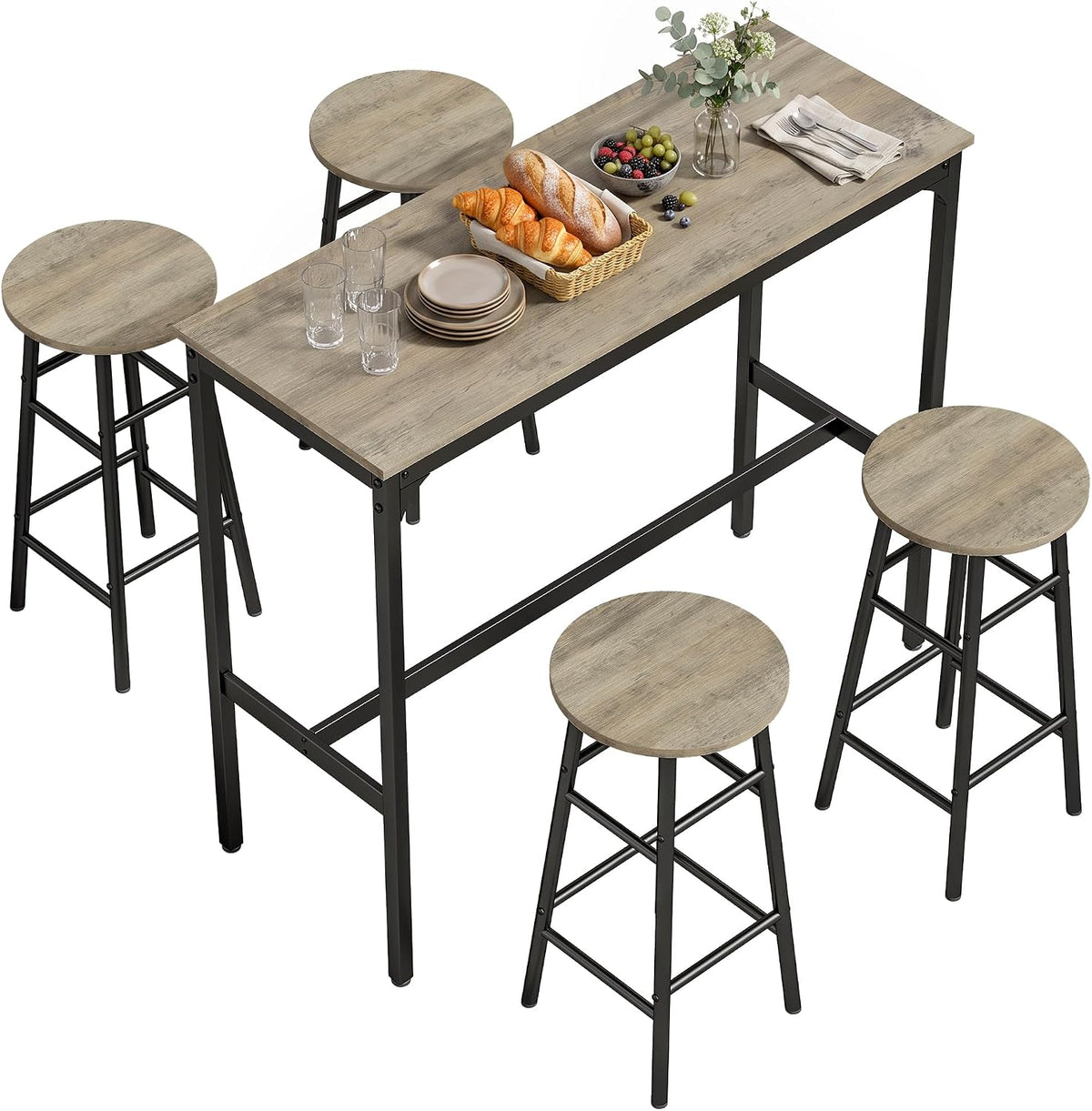 HOMCOM 5 Piece Bar Table Set w/ 4 Stools for Small Space, Grey Wood Effect