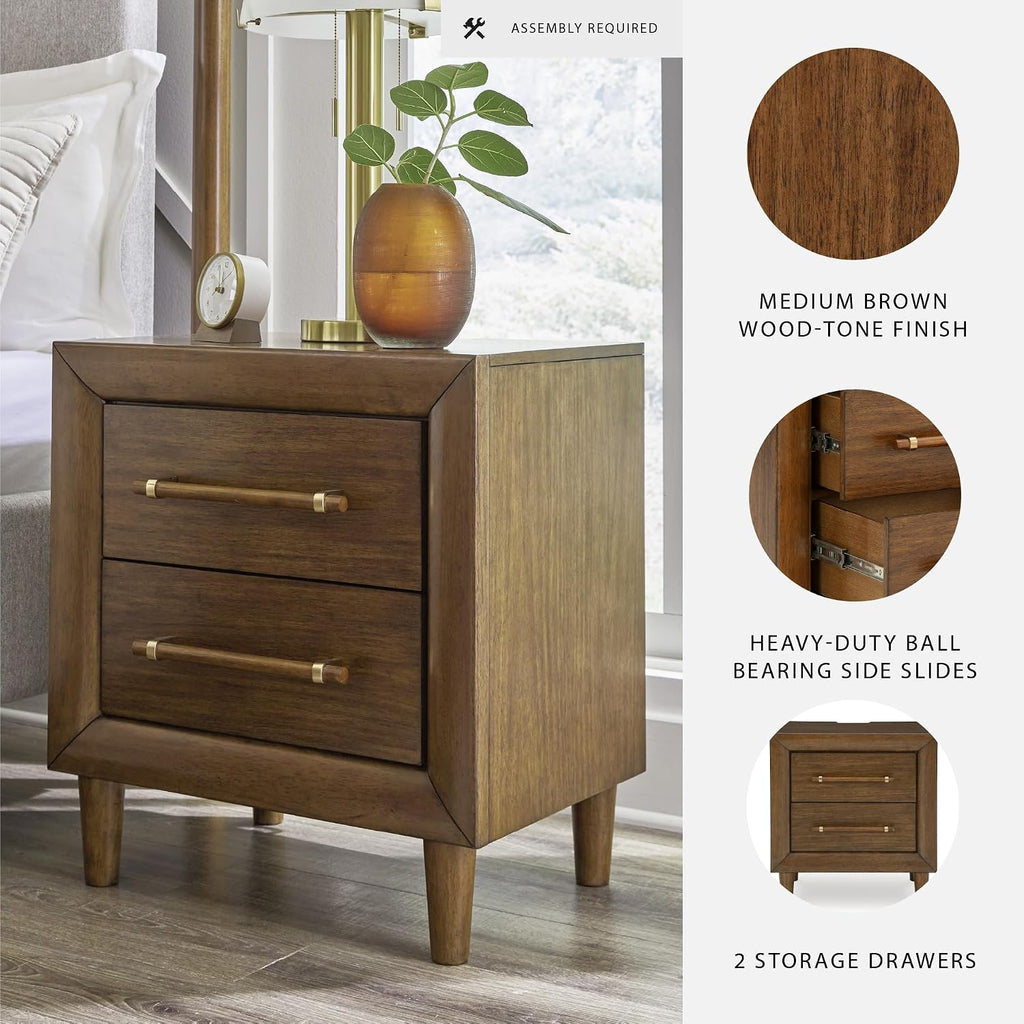 Signature Design by Ashley Lyncott Wood Nightstand with Charging Station | Mid-century mango wood veneer, 2 dovetail drawers, Built-in USB-A and USB-C charging, Round tapered legs