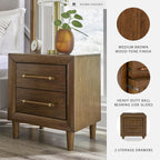 Signature Design by Ashley Lyncott Wood Nightstand with Charging Station | Mid-century mango wood veneer, 2 dovetail drawers, Built-in USB-A and USB-C charging, Round tapered legs