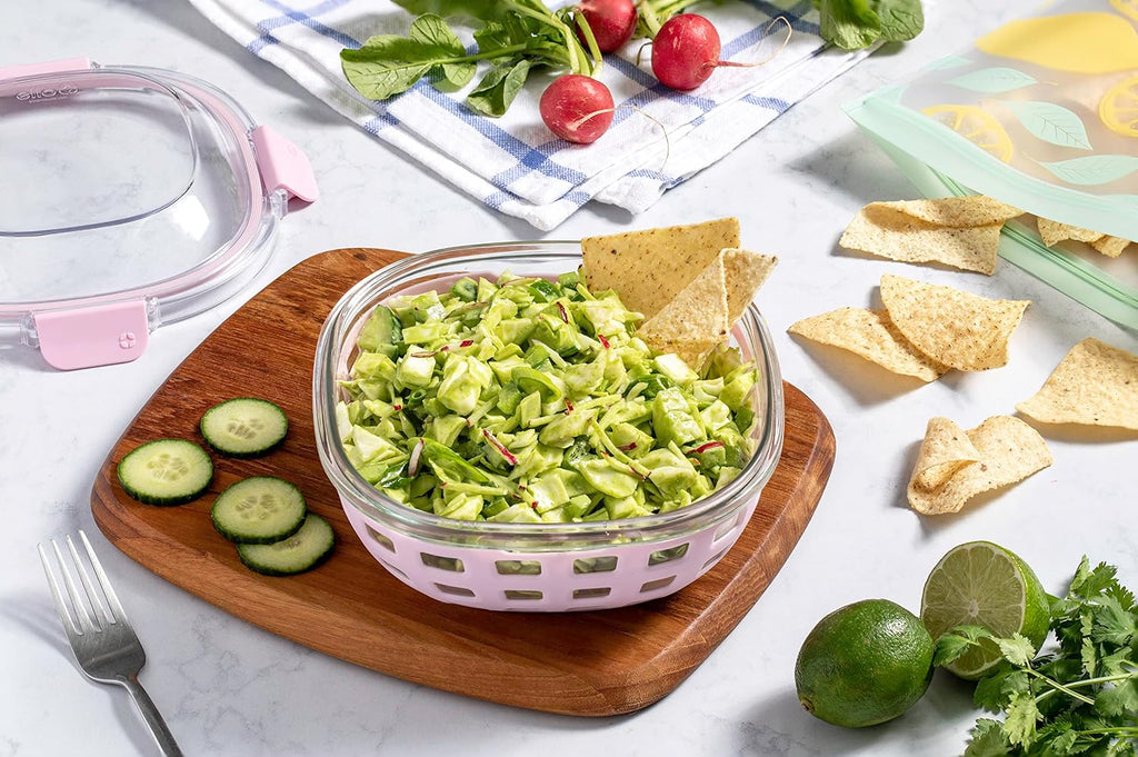 Ello DuraGlass Food Storage Glass Lunch Bowl Container - Meal Prep Container with Silicone Sleeve and Airtight Lid, 5 Cup, Cashmere Pink