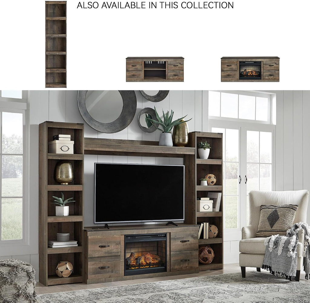 Signature Design by Ashley Trinell Media Pier, 72-Inch Rustic Bookcase | Durable engineered wood, Rustic replicated oak grain, 4 spacious shelves (3 adjustable), Versatile narrow bookshelf
