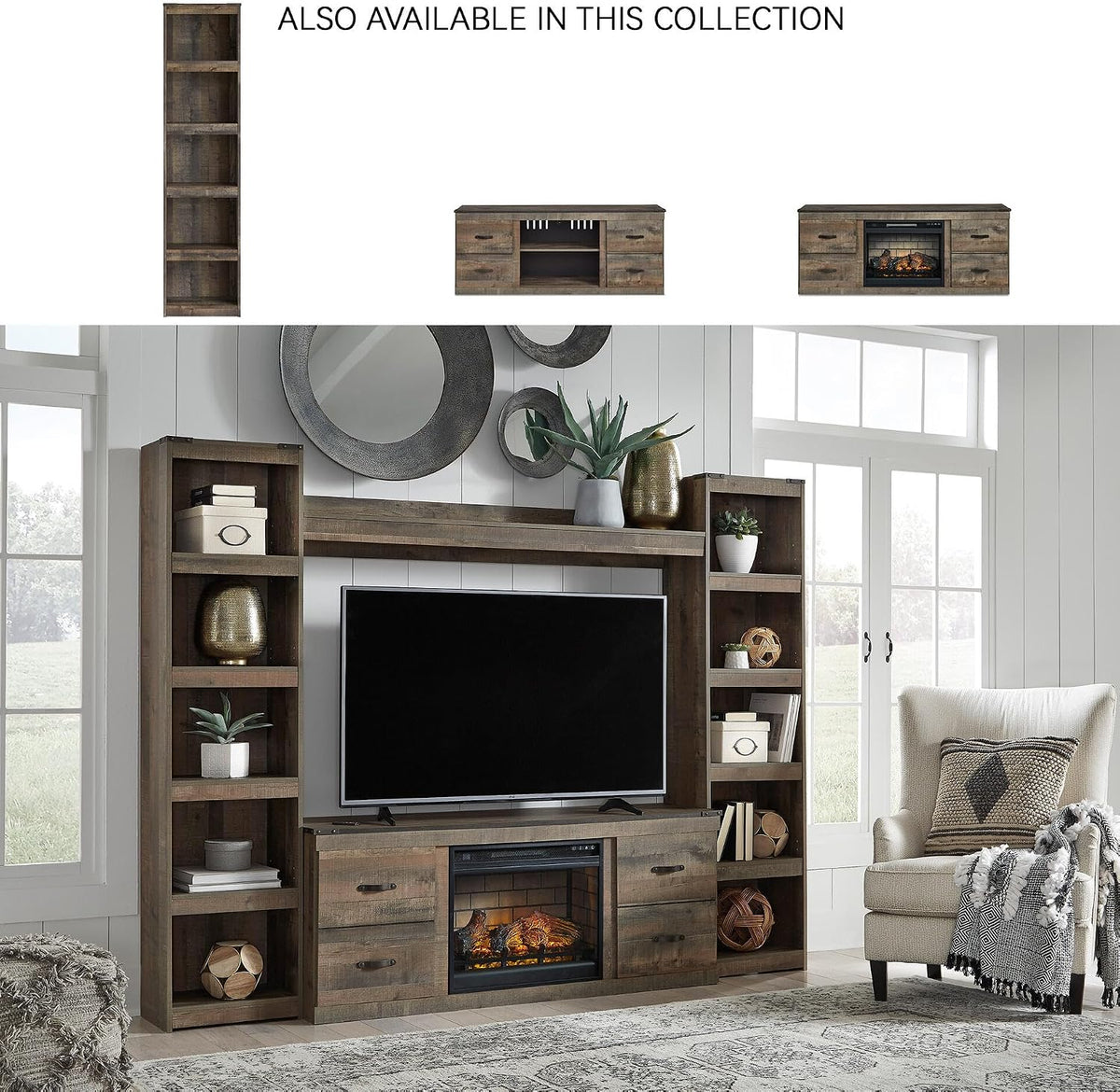 Signature Design by Ashley Trinell Media Pier, 72-Inch Rustic Bookcase | Durable engineered wood, Rustic replicated oak grain, 4 spacious shelves (3 adjustable), Versatile narrow bookshelf