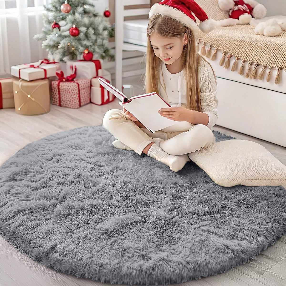 OLANLY Beige Round Rugs for Bedroom - Machine Washable, 4 ft Circle Area Rugs for Living Room, Soft and Fluffy Shaggy Carpet for Teen Girls and Boys, Nursery Rooms, Dorms, Home Decor Aesthetic