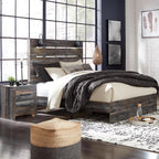 Signature Design by Ashley Drystan Rustic King Size Bed Frame with LED | Rustic brown and gray replicated wood grain with teal accents, Durable engineered wood, Adjustable base compatible