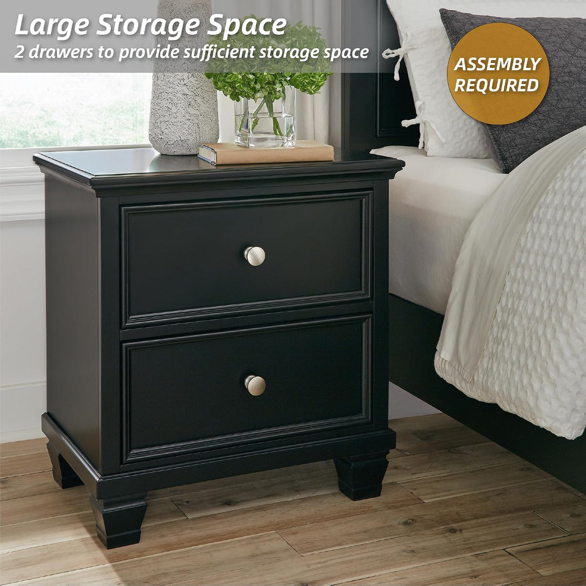 Signature Design by Ashley Tall Farmhouse Nightstand, 2 Drawer, Black
