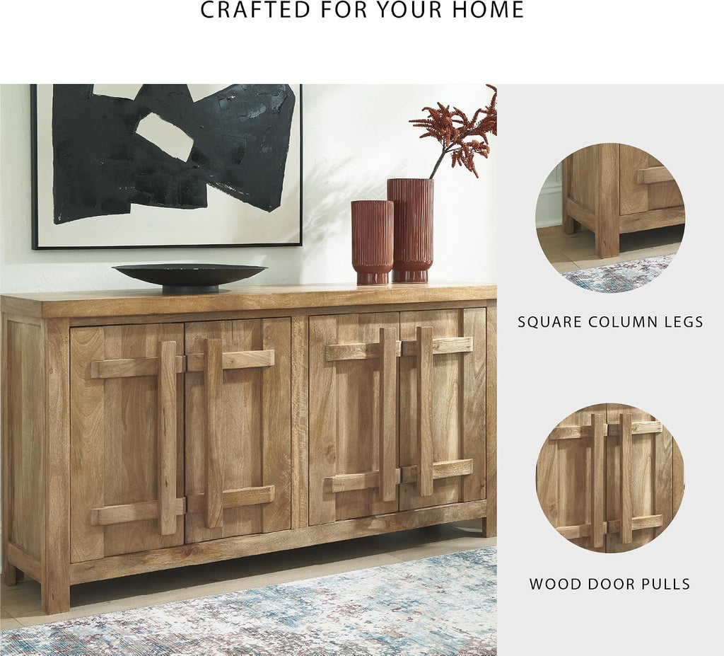 Signature Design by Ashley 4-Door Wood Accent Cabinet, Sideboard Credenza | Mango wood, veneer and engineered wood credenza, Soft-close hinges, Cord management, 2 fixed shelves, Dresor Series