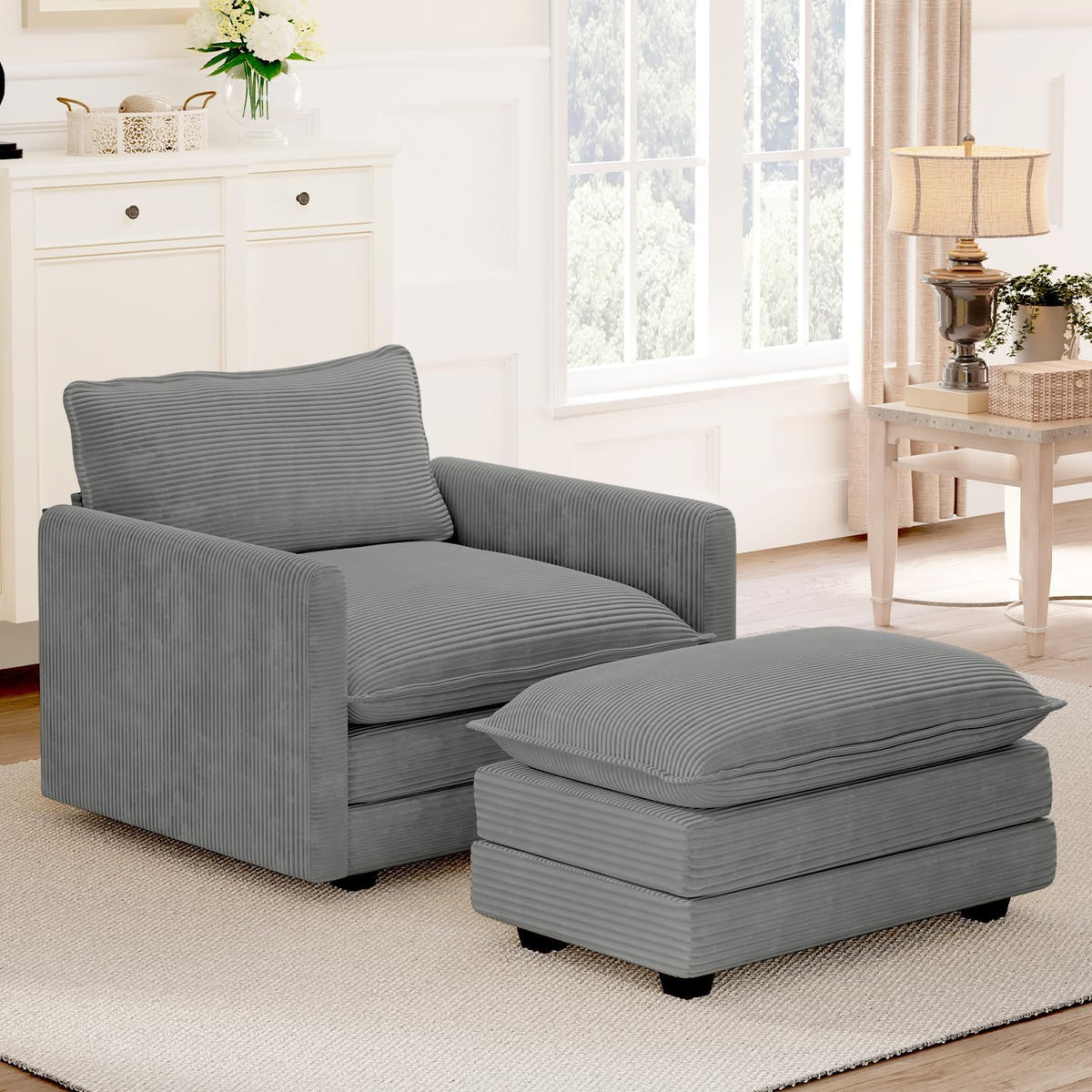 ROWHY 112'' Sectional Modular Cloud Couch, Oversized 5 Seat Couches U Shaped Sofa with 2 Movable Ottomans, 2 Throw Pillows, Upholstered Corduroy U Shape Comfy Deep Couches for Living Room, Beige