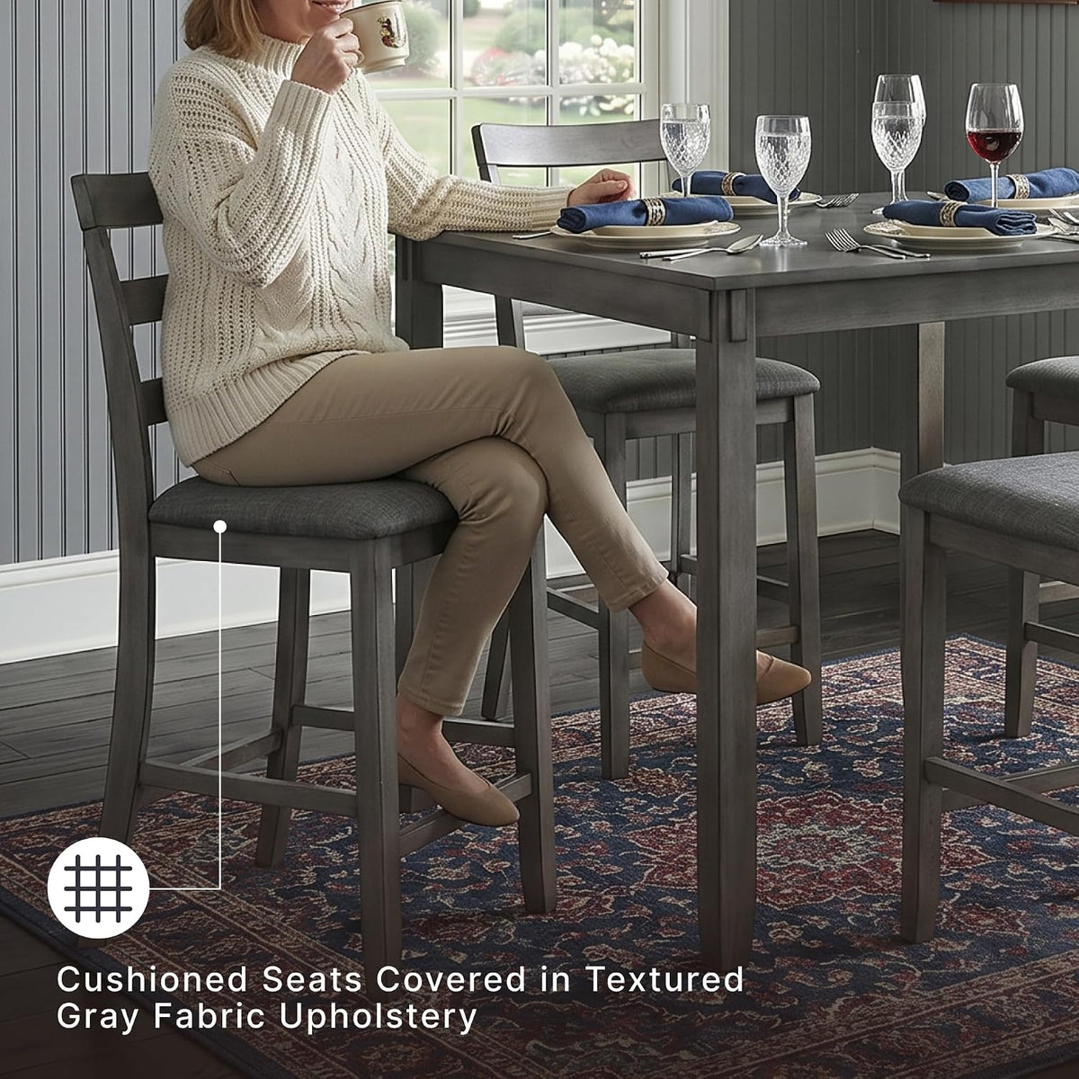 Signature Design by Ashley 5-Piece Square Counter Height Dining Set, Gray | Textured gray polyester fabric with wood, veneer and engineered wood, Small kitchen table for 4, Bridson Series