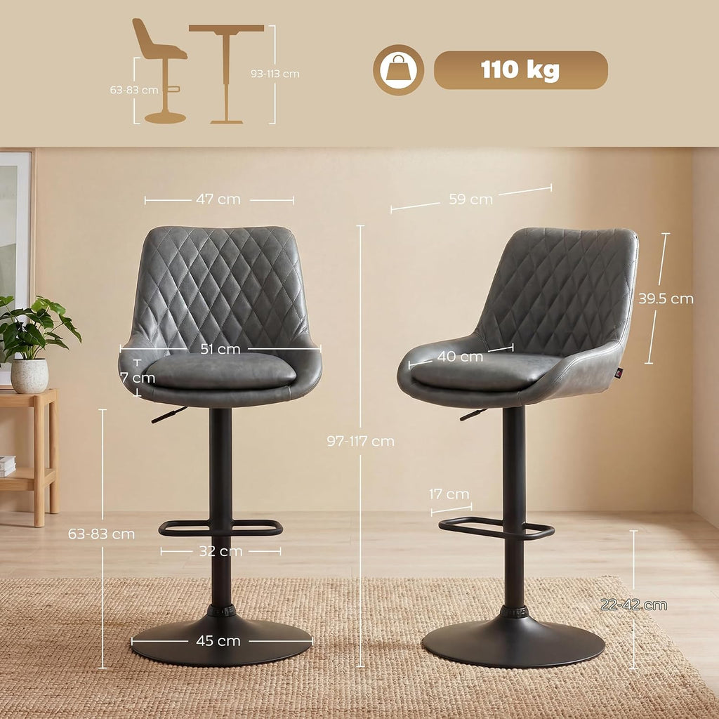HOMCOM Bar Stools Set of 2 w/ 51x40 cm Wide Seat, Large Base, Dark Grey