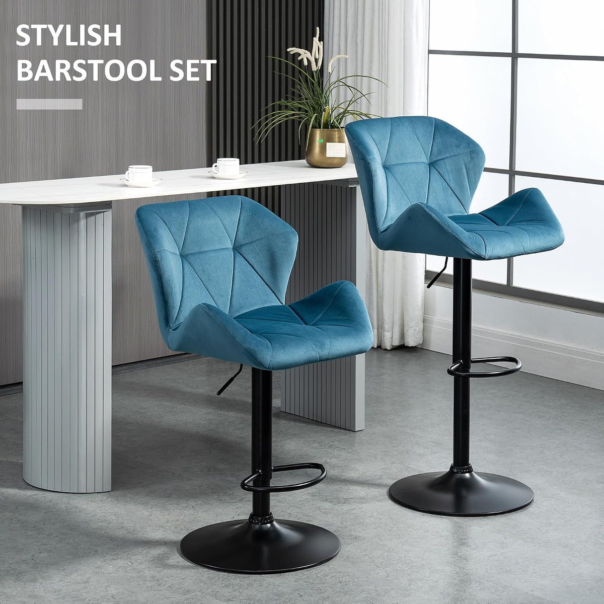 HOMCOM Bar Stools Luxurious Velvet-Touch Footrest Swivel Set Of 2 Blue
