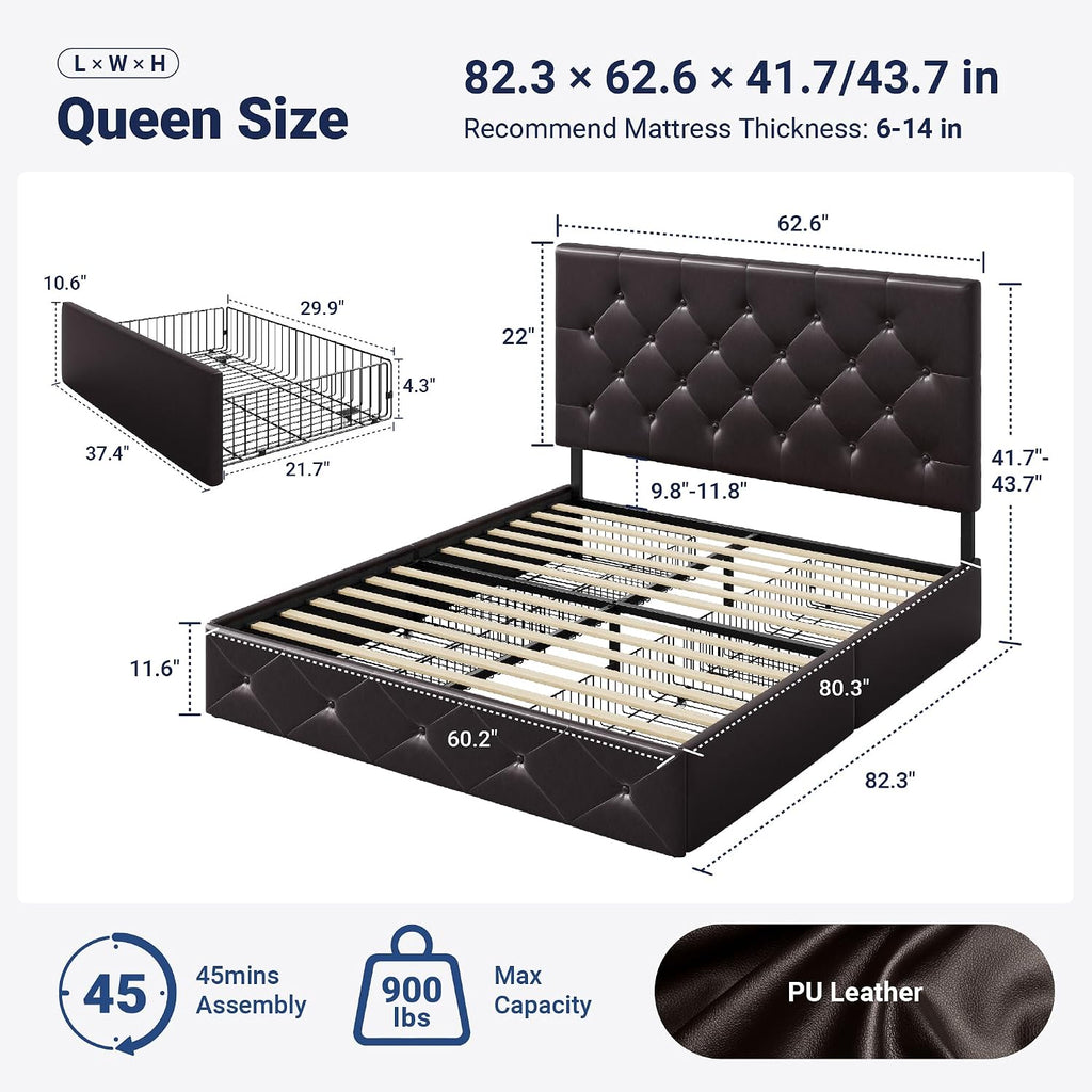 Allewie Queen Size Storage Bed Frame with 4 Underbed Drawers, Upholstered Platform Bed with Adjustable Headboard, Diamond Button Tufted, Easy Assembly, Noise-Free, No Box Spring Needed, Brown