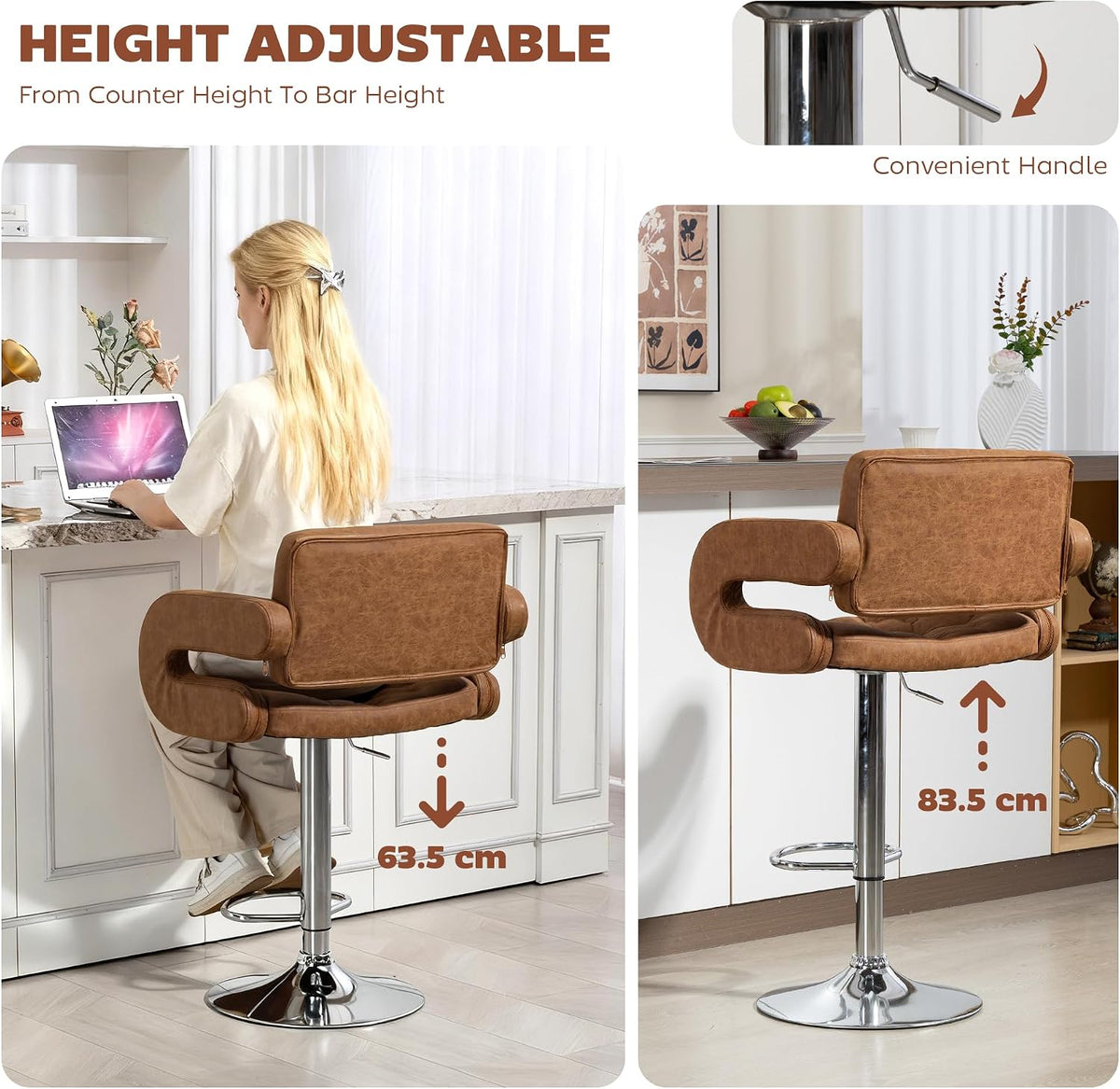 HOMCOM Bar Stool w/Wide Seat U-Shaped Armrest PU Leather, Brown