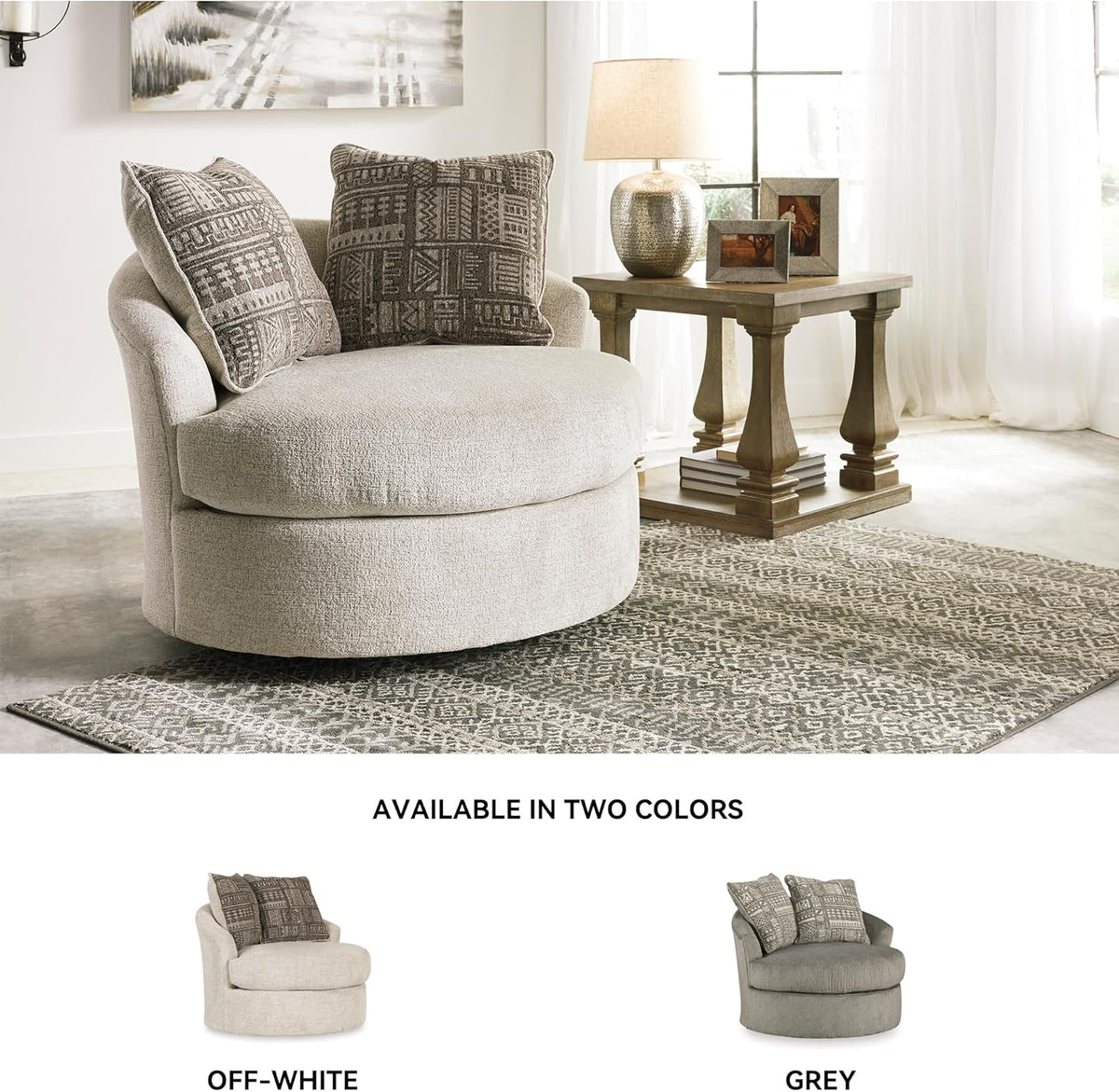 Signature Design by Ashley Soletren Oversized Swivel Accent Chair, Stone | Cozy 100% polyester chenille, Smooth 360-degree swivel base, Includes 2 geometric throw pillows
