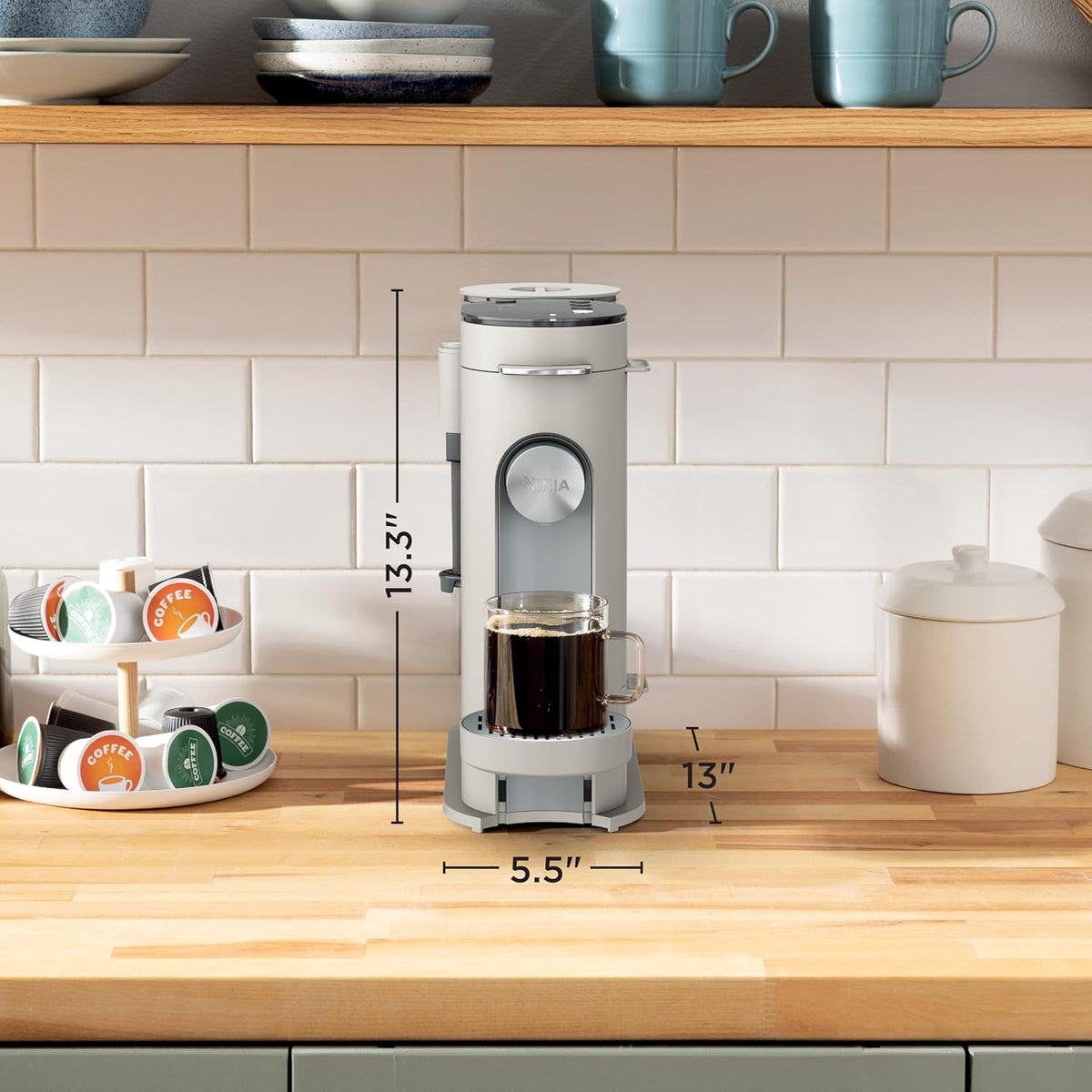 Ninja Pod and Grounds Coffee Maker, K-Cup Compatible, Stone, PB051ST | Brews, Compact Design, Built-in Milk Frother, 56 Ounces Reservoir, 6 Ounces Cup to 24 Ounces Mug Sizes