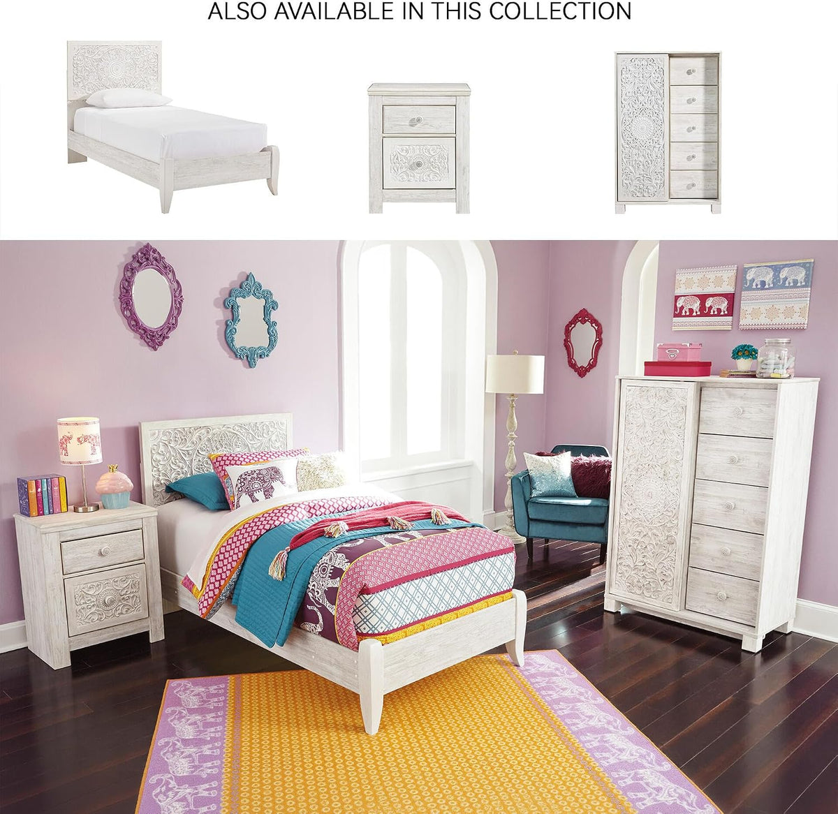 Signature Design by Ashley Nightstand, Paxberry Boho Whitewash | Engineered wood and decorative laminate, Ornate carved-effect medallion details, Includes 2 built-in USB charging ports