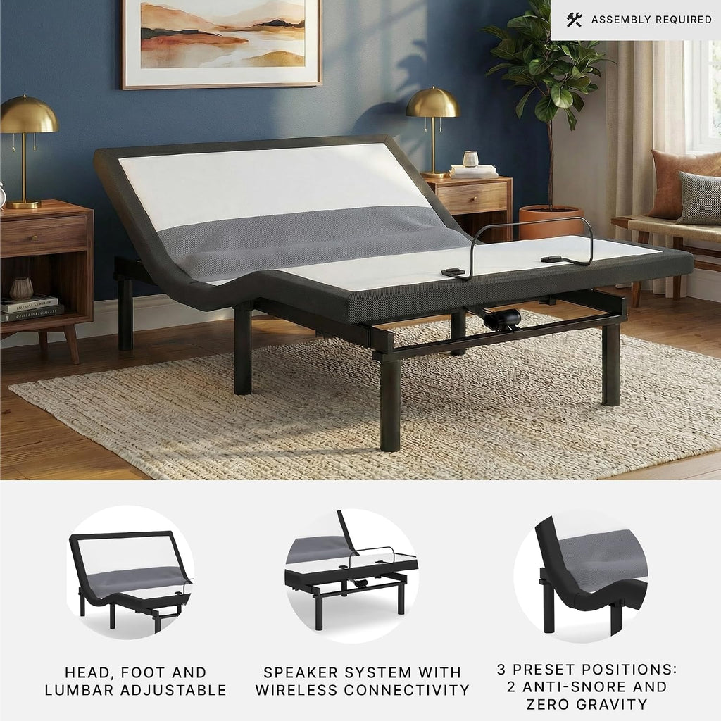 Signature Design by Ashley Adjustable Bed Frame Queen, Remote & Lumbar | Queen adjustable base with remote, Built-in massage, Fast 15-minute assembly, Lumbar and audio base