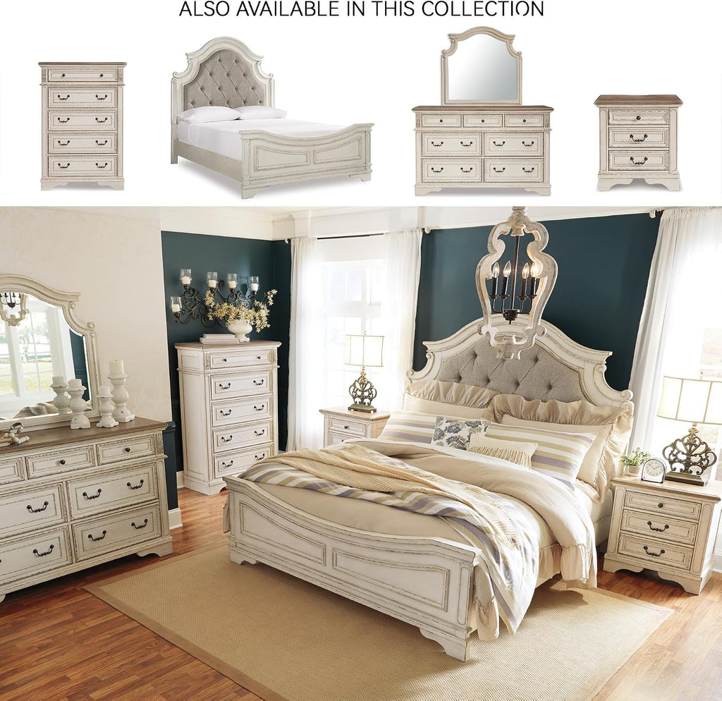 Signature Design by Ashley Realyn Queen Upholstered Bed Frame | 71-inch tall tufted headboard, Traditional panel bed of veneers, wood and engineered wood, French country style