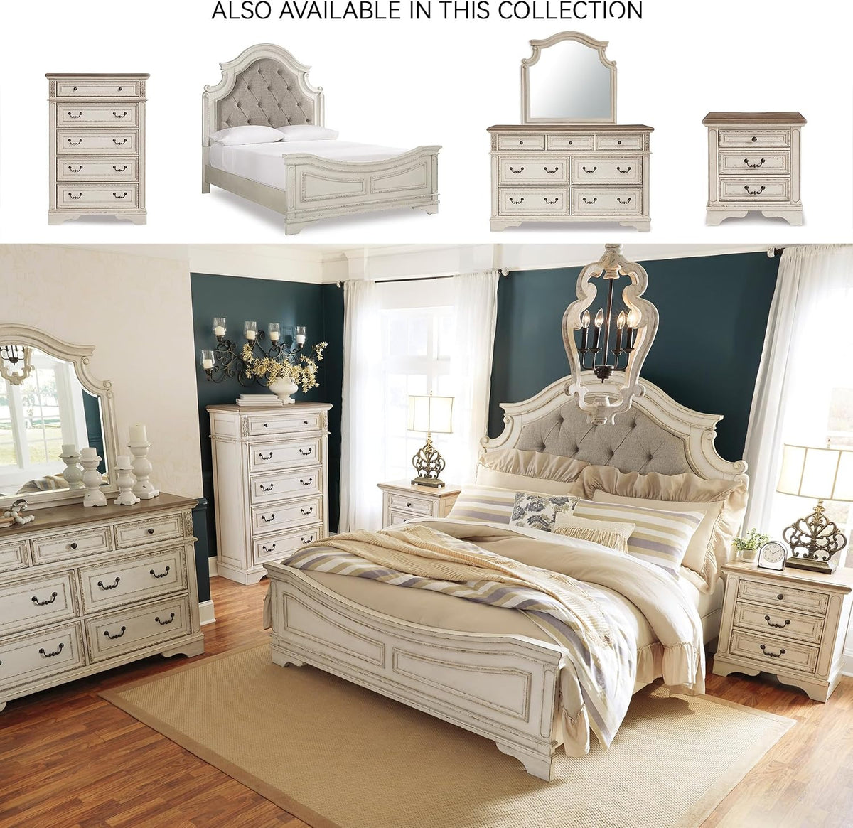 Signature Design by Ashley Realyn Queen Upholstered Bed Frame | 71-inch tall tufted headboard, Traditional panel bed of veneers, wood and engineered wood, French country style