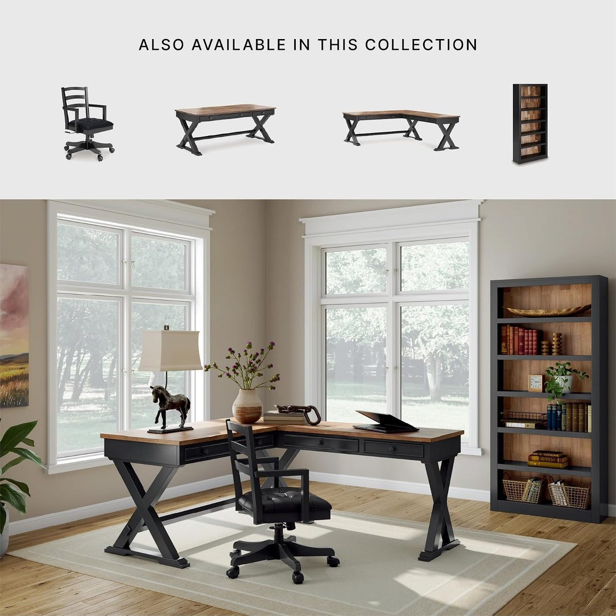 Signature Design by Ashley 2-Piece L-Shaped Corner Desk, Black/Brown | Hardwood solids, Mango wood veneer and MDF substrates, Modern farmhouse style, Dovetail drawers, Wildenauer Series