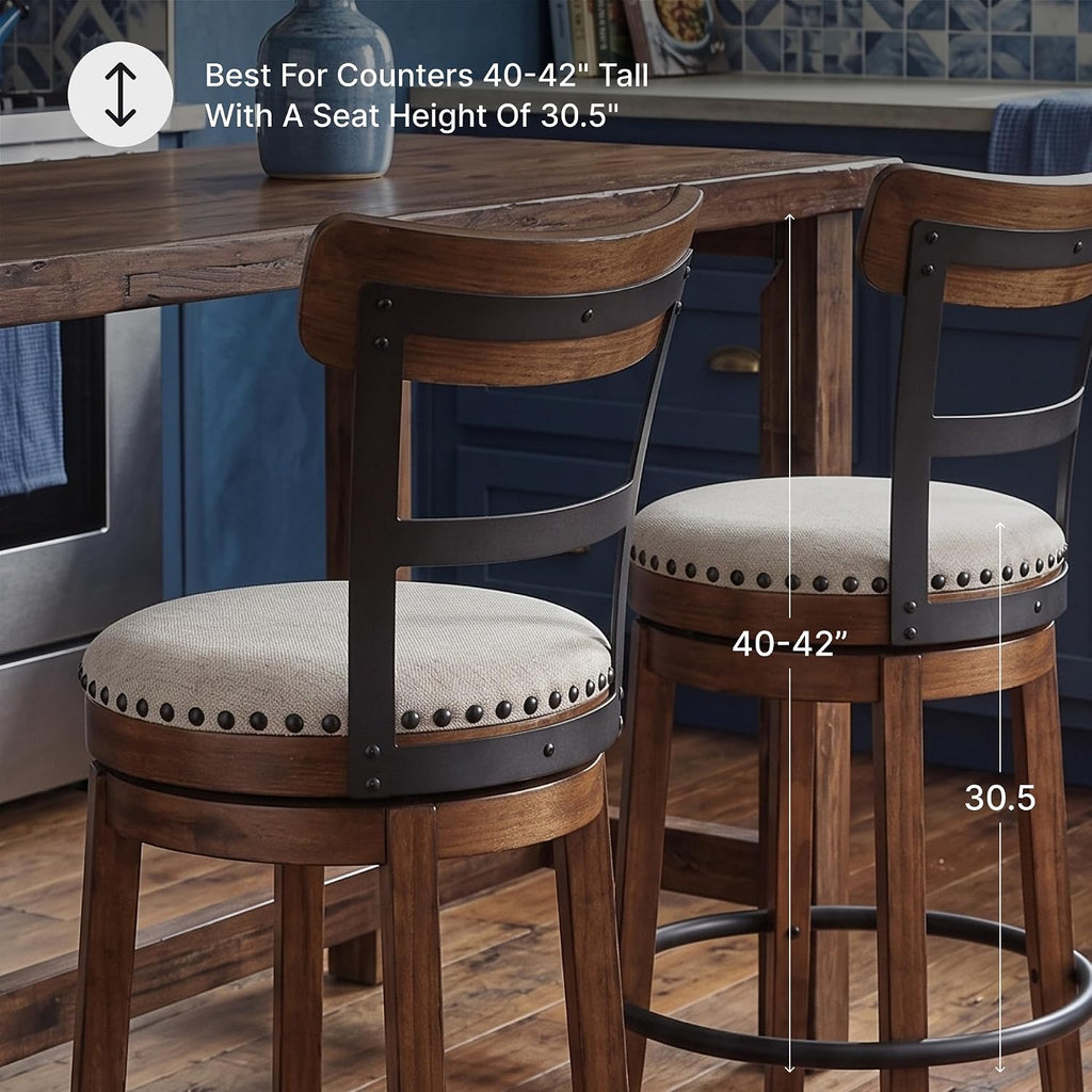 Signature Design by Ashley Valebeck Swivel Bar Stool with Back, 30 in | Wood & engineered wood, 360-degree swivel, Linen colored polyester, Rustic farmhouse style, 250 lb capacity